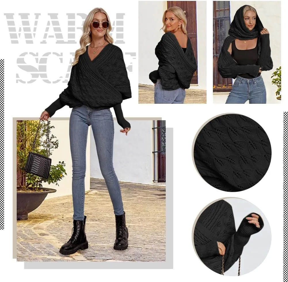 Zcargel Multifunctional Scarf with Sleeves for Women Long Sleeved Knitted Shawl Sweater Shrug Autumn Winter Warm Crochet Wrap