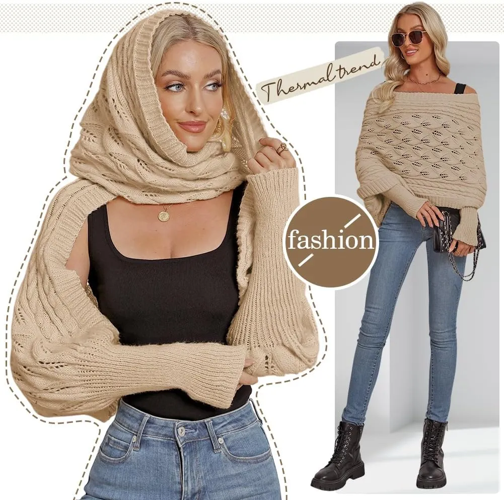 Zcargel Multifunctional Scarf with Sleeves for Women Long Sleeved Knitted Shawl Sweater Shrug Autumn Winter Warm Crochet Wrap