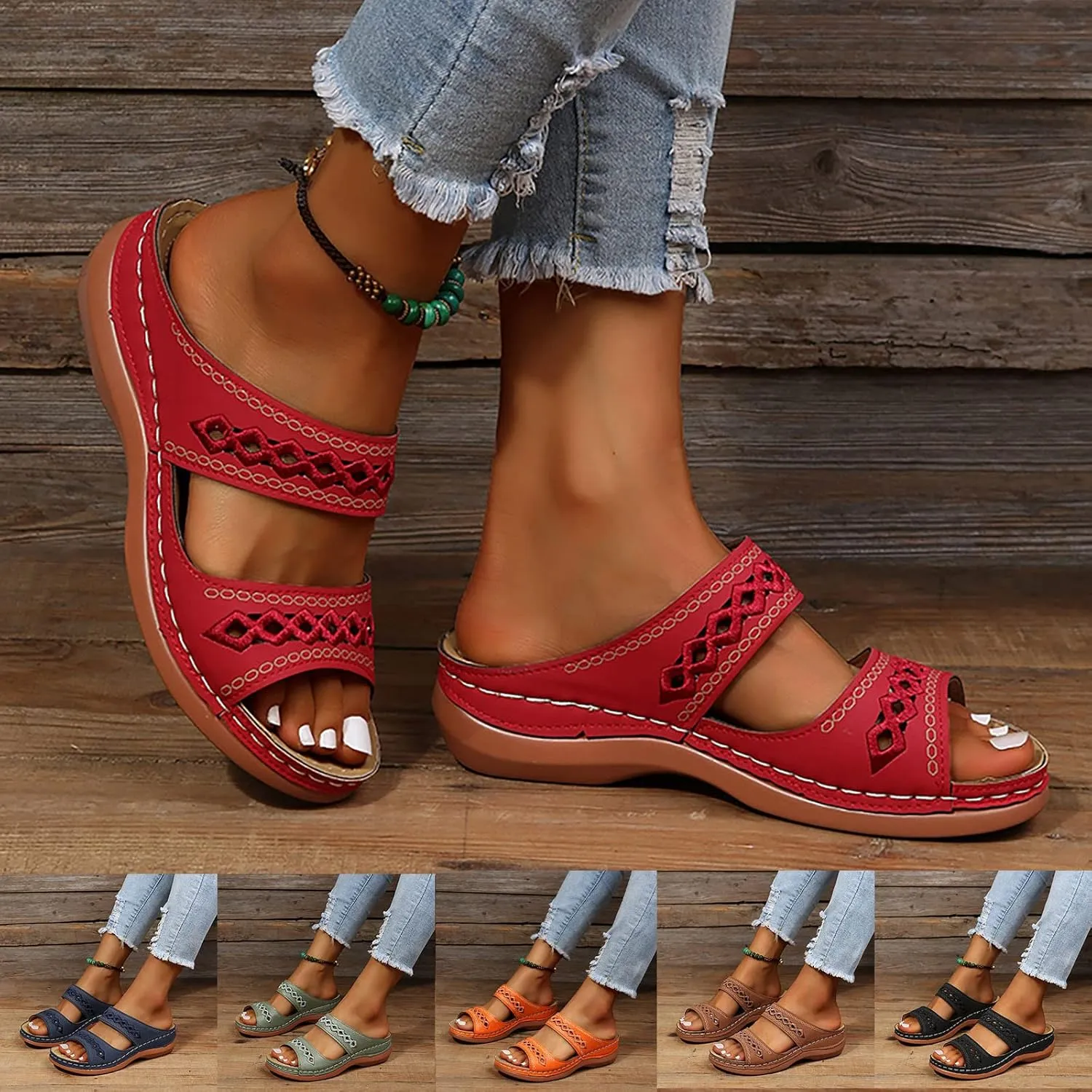 ZSpzx Orthopedic Sandals for Women,2025 Arch Support Wedge Flip Flops Slide Foot Comfortable Dressy Summer Casual Outdoor Hollow Out Slippers Slip On Slides Walking Beach Shoes