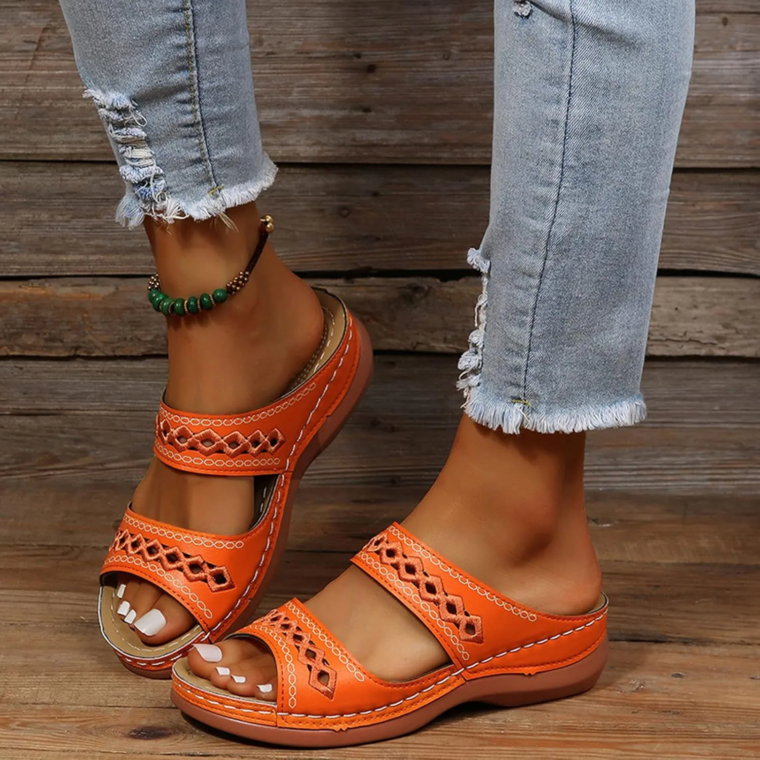ZSpzx Orthopedic Sandals For Women,Women's Orthotic 2025 Dressy Summer Hollow Out Comfortable Wedge Sandals Flat Open Toe Platform Casual Boho Slip on Beach Slides Sandals Outdoor Walking Shoes