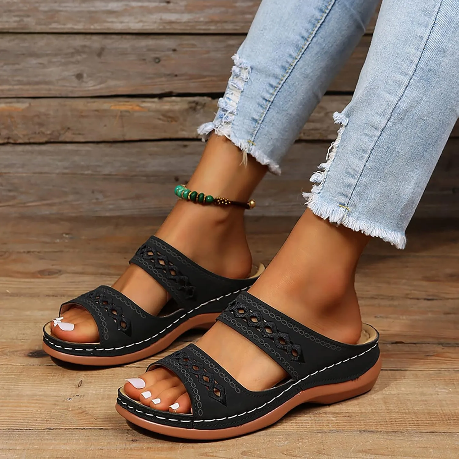 ZSpzx Orthopedic Sandals For Women,Women's Orthotic 2025 Dressy Summer Hollow Out Comfortable Wedge Sandals Flat Open Toe Platform Casual Boho Slip on Beach Slides Sandals Outdoor Walking Shoes