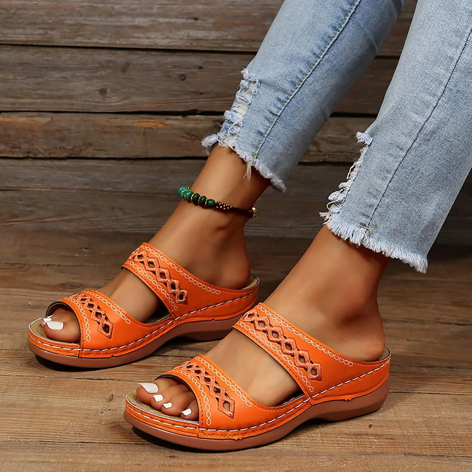 ZSpzx Orthopedic Sandals For Women,Women's Orthotic 2025 Dressy Summer Hollow Out Comfortable Wedge Sandals Flat Open Toe Platform Casual Boho Slip on Beach Slides Sandals Outdoor Walking Shoes