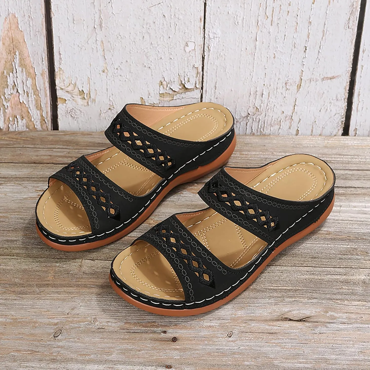 ZSpzx Orthopedic Sandals For Women,Women's Orthotic 2025 Dressy Summer Hollow Out Comfortable Wedge Sandals Flat Open Toe Platform Casual Boho Slip on Beach Slides Sandals Outdoor Walking Shoes