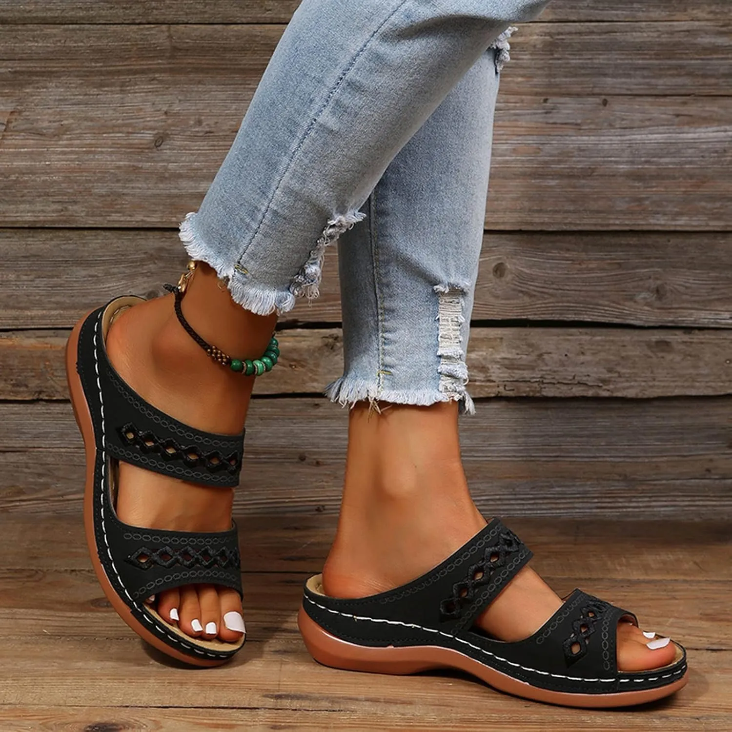 ZSpzx Orthopedic Sandals For Women,Women's Orthotic 2025 Dressy Summer Hollow Out Comfortable Wedge Sandals Flat Open Toe Platform Casual Boho Slip on Beach Slides Sandals Outdoor Walking Shoes