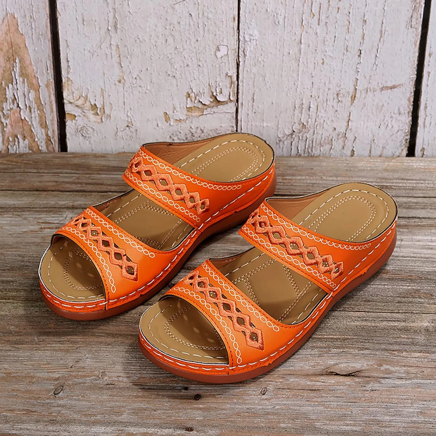 ZSpzx Orthopedic Sandals For Women,Women's Orthotic 2025 Dressy Summer Hollow Out Comfortable Wedge Sandals Flat Open Toe Platform Casual Boho Slip on Beach Slides Sandals Outdoor Walking Shoes