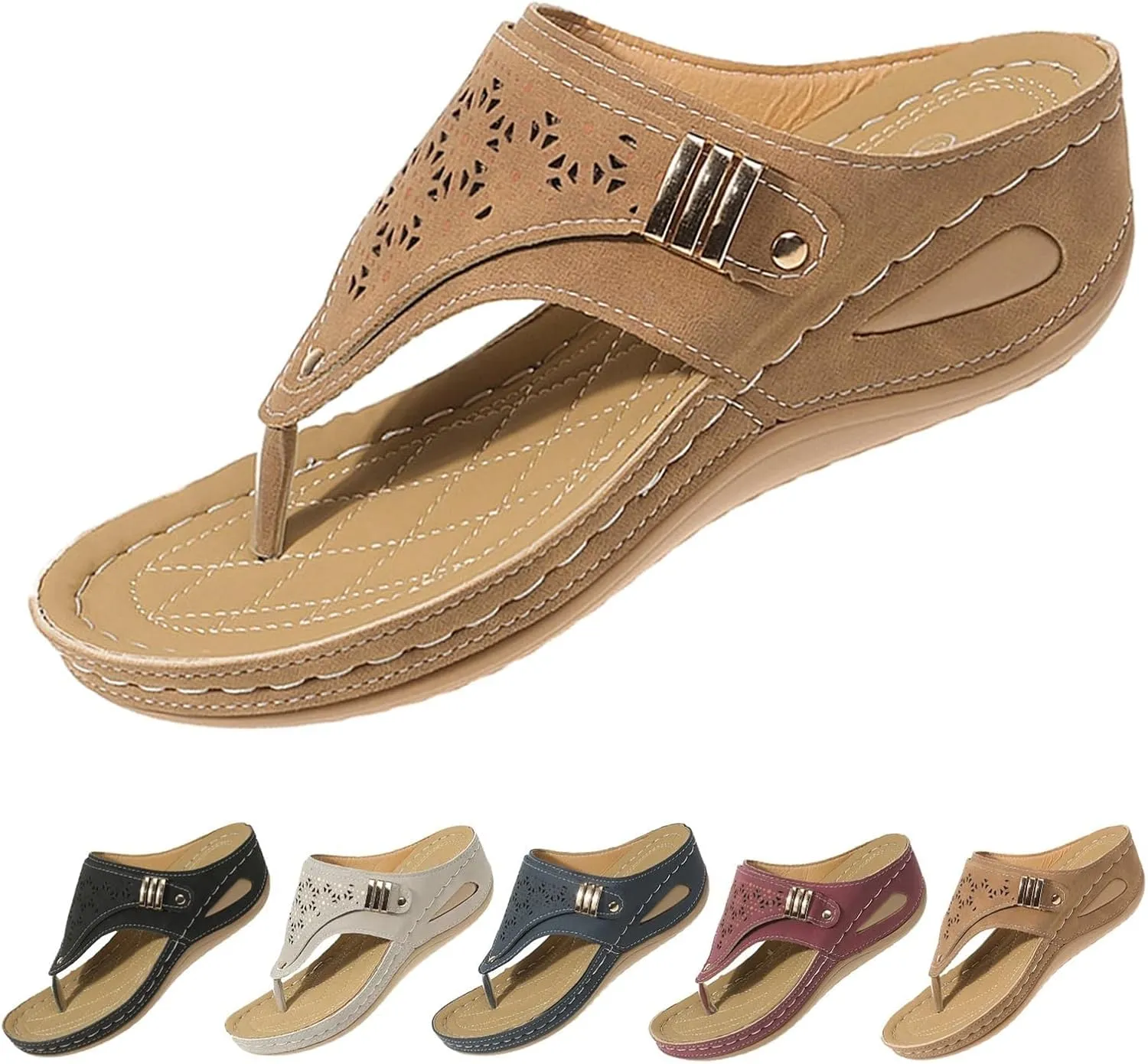 ZWRXW Women's Flip Flops Comfortable Arch Support Flip Flops Retro Embroidery Platform Thong Sandals Slip On Dressy Summer Wedge Shoes Casual Walking Sandals